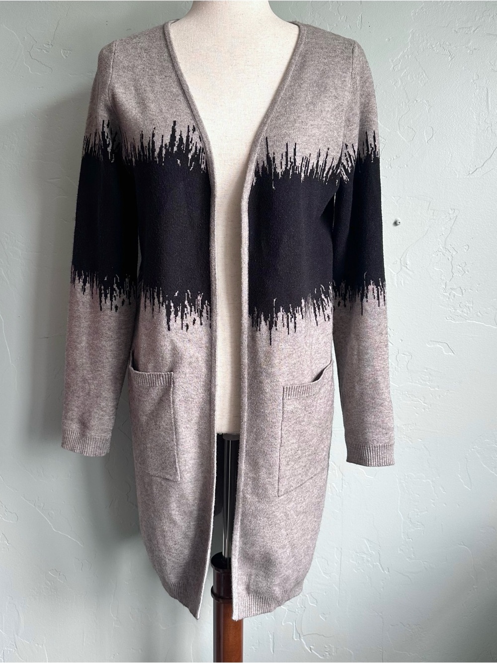 Open-Front Longline Cardigan in Gray with Black Accent